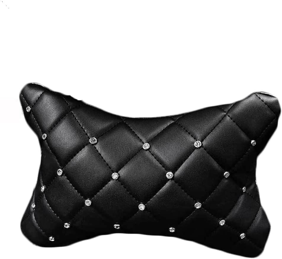 Rhombus Pattern 1pcs with White Rhinestones Decor Neck Cushion Pillow Support Black Crystal Leather Car Headrest