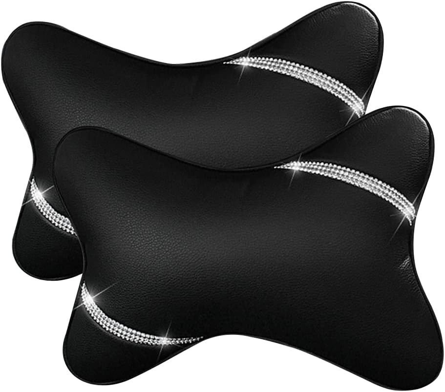 Car Neck Pillows Diamond Seat Auto Headrest Cushion Head Rest Neck 2 Pack Headrest Fit for Most Cars Universal Car Pillow Support Relax Crystal Rhinestone Pu Leather Bling Interior(Black)