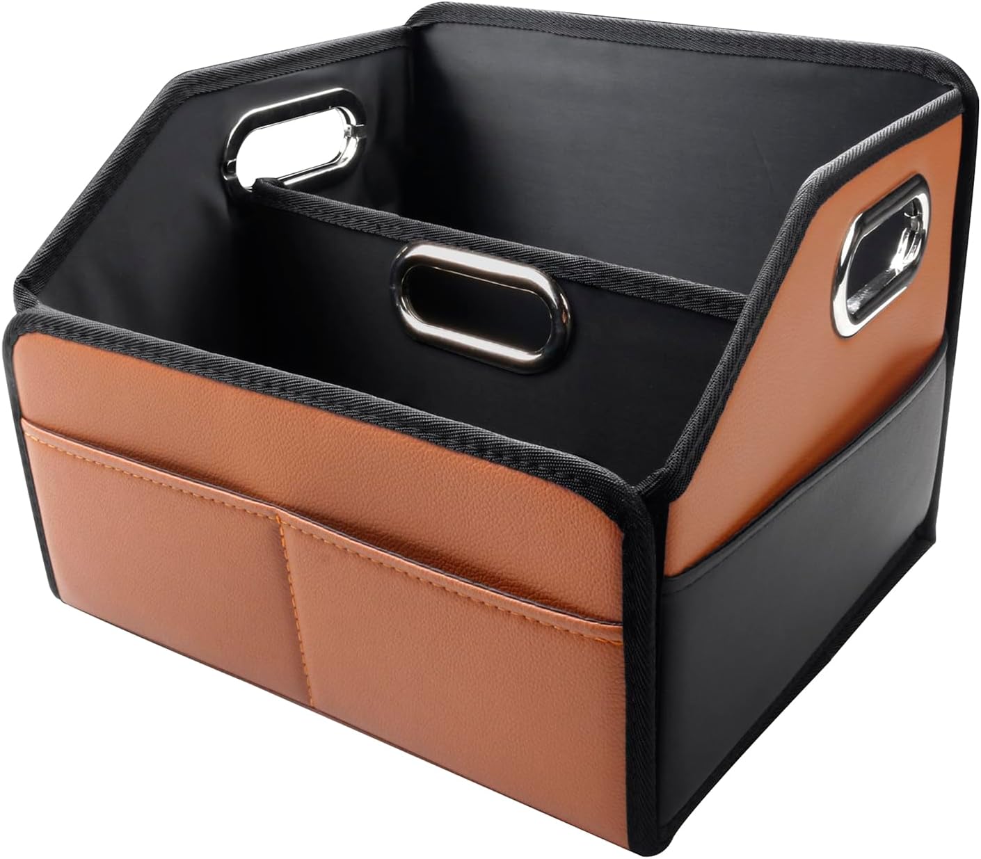 Car Organizer - 2025 Upgraded Leather Car Storage Organizer for Front Back Seat or Floor with 3 Metal Handles 6 Apartments, Multipurpose Car Organizers and Storage Brown.