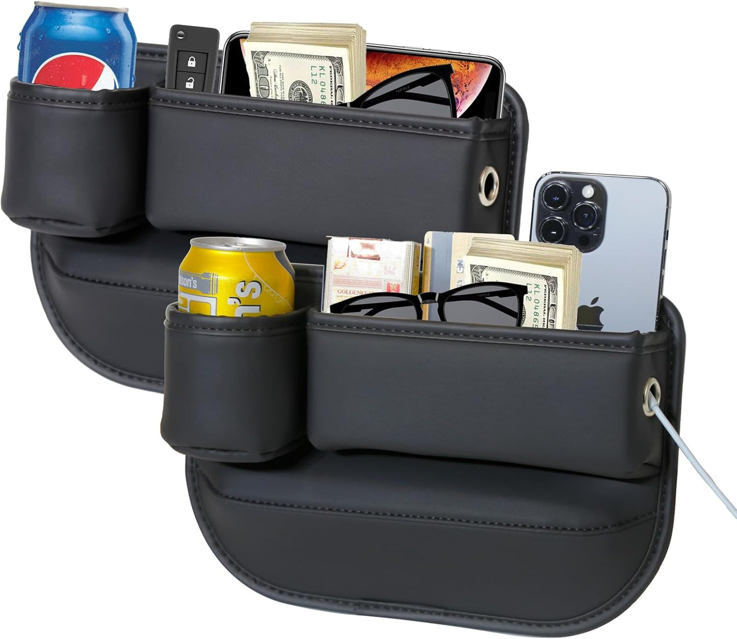 2 Packs Car Seat Gap Filler Organizer, Car Seat Organizer, Seat Gap Storage Box with Cup Holders for Drink, Car Leather Cup Holder Gap Bag Front Seat for Phone, Sunglasses,Keys(Left+Right Side)
