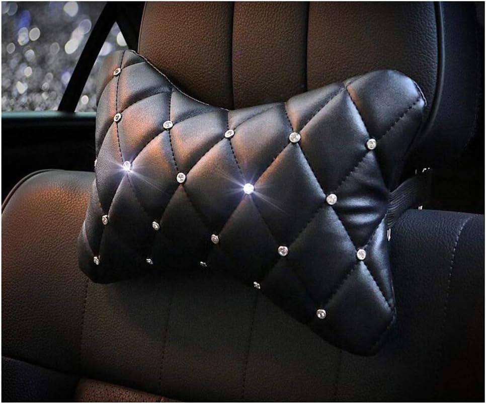 1 Pc Crystal Leather Car Headrest Neck Cushion Pillow Support with Rhinestones Decor