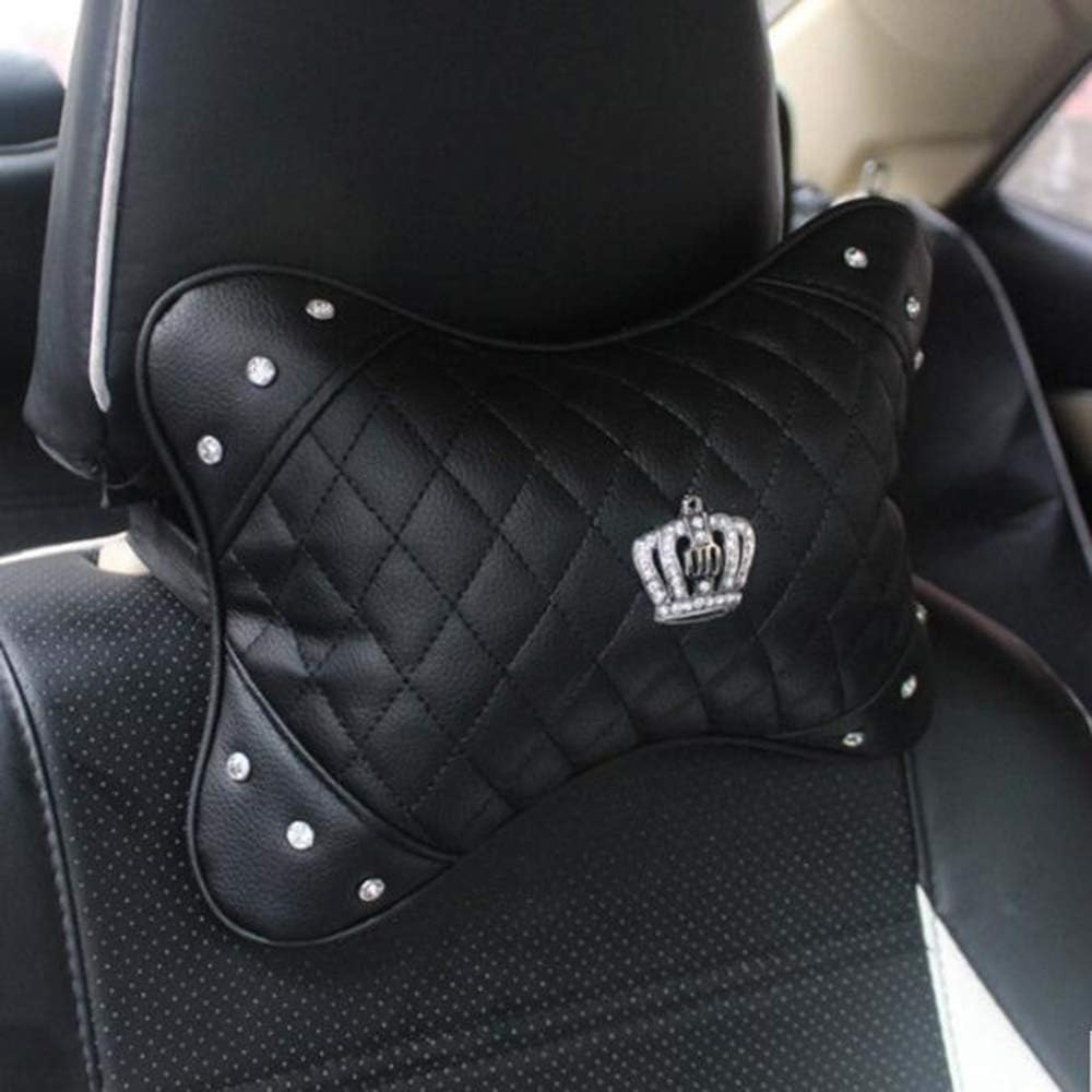 Car Accessories Headrest Four Seasons Universal Leather Diamond Crown Neck Pillow(Black-A)