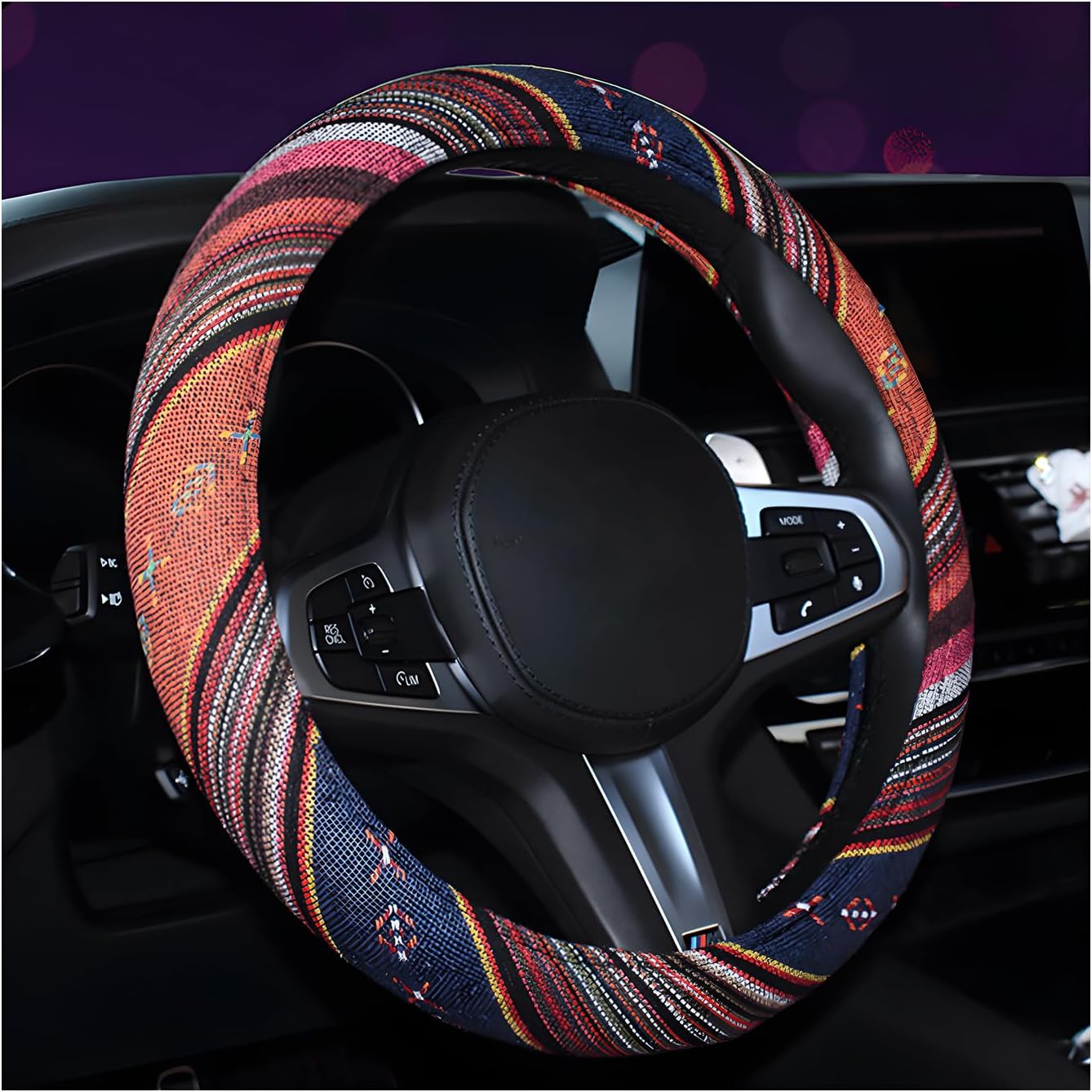 Boho Steering Wheel Cover, 15.0"×15.0" Anti-Slip Baja Blanket Ethnic Steering Wheel Protector, Breathable Flax Cloth Elastic Bohemian Steering Wheel Cover, Car Accessories (Style C)