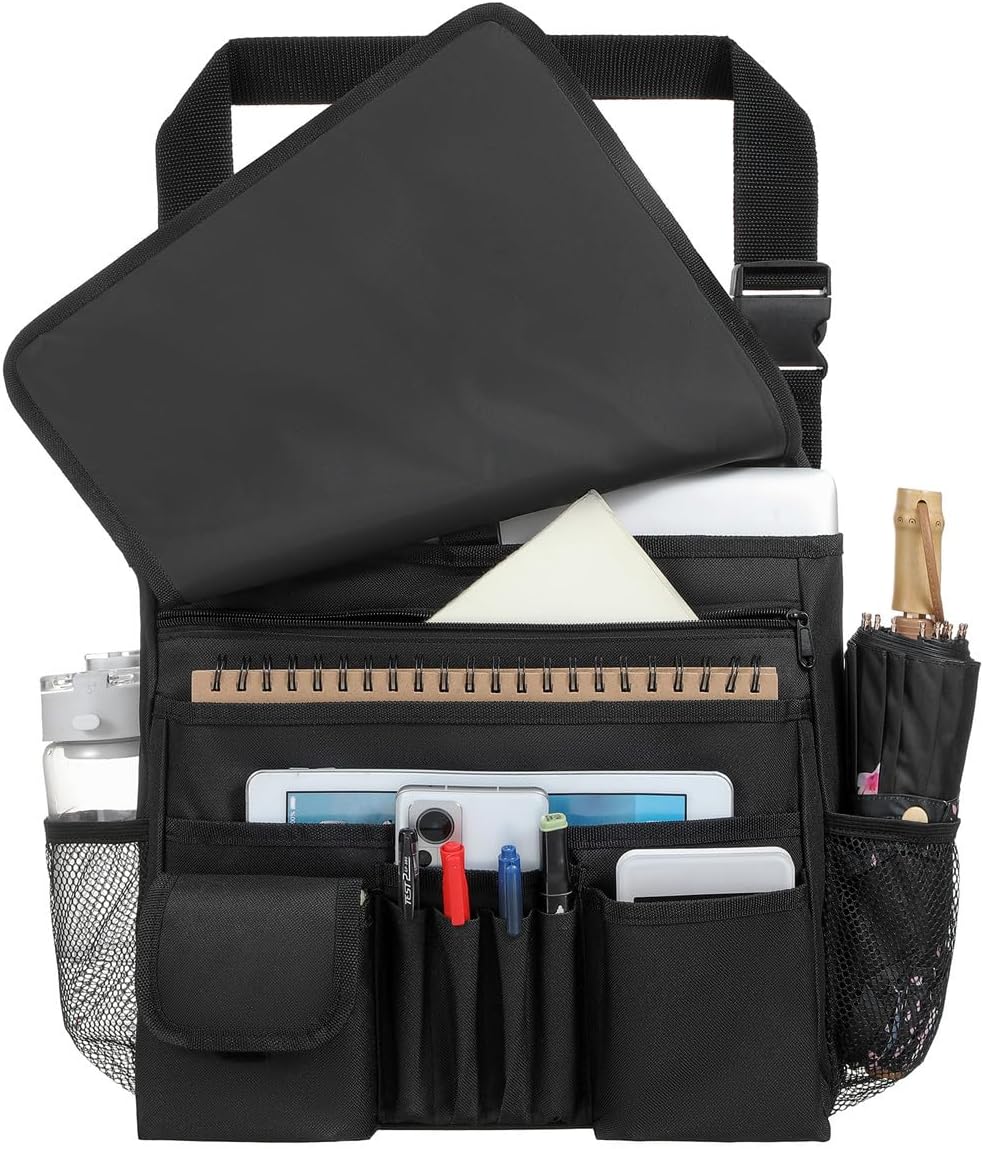 Car Front Seat Organizer for Paperwork File Laptop Mobile Office, Multi Compartment Storage Bag with Cup holder and Adjustable Strap for Car Work Truck Van