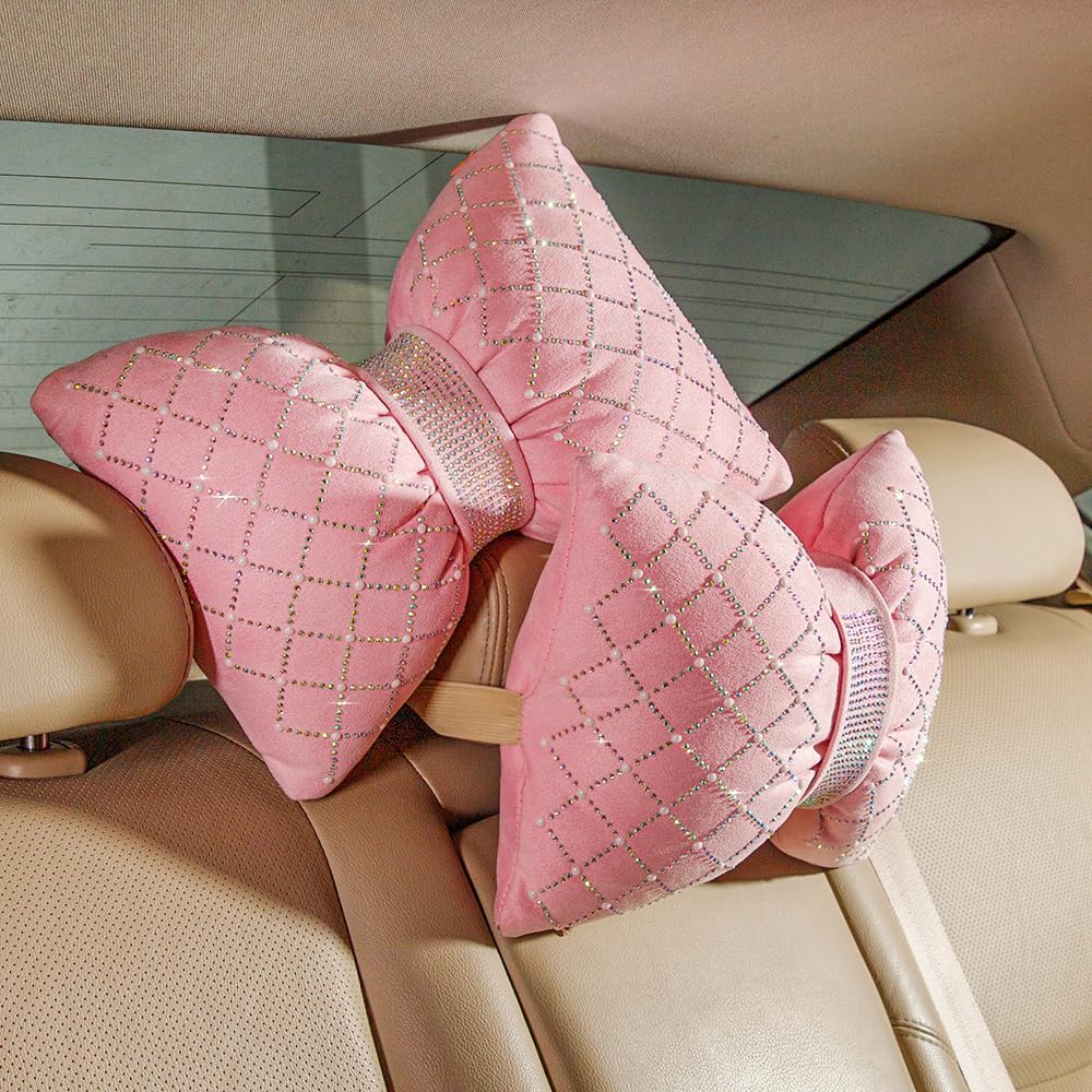 Car Headrest Pillow Pink Sparkly Bling Rhinestone Accessories for Women Bow Seat Neck Support Pillow for Travel Driver Chair Head Rest 2pcs