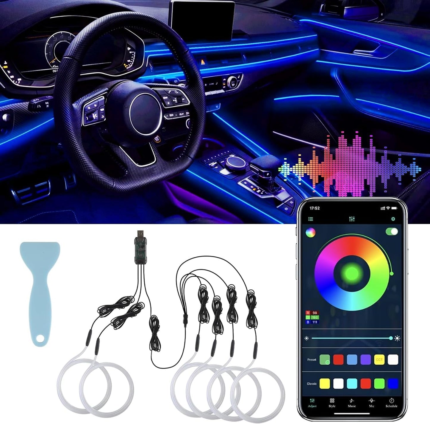 Smart LED Car Lights Interior with USB Port, LED Strip Fiber Optic Ambient Lighting Car, Wireless App Control, Sync to Music, Car Decorations Interior Accessories Gifts for Women Men, 6 in 1