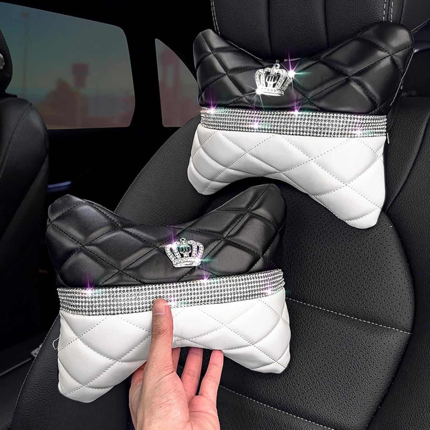 2PCS Rhinestone Car Headrest Neck Pillow for Driving with Bling Bling Crystal Leather Seat Head Pillow Car Accessories for Women (Black White)