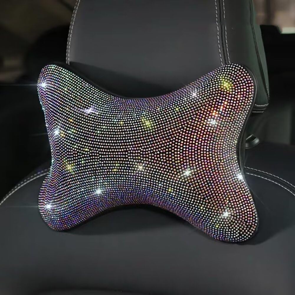 Bling Car Seat Cover for Women Girl Front Seat Covers Seat Protector with Shining Rhinestone Diamond Universal Fit 95% Cars(1Pcs Black Head Pillow)