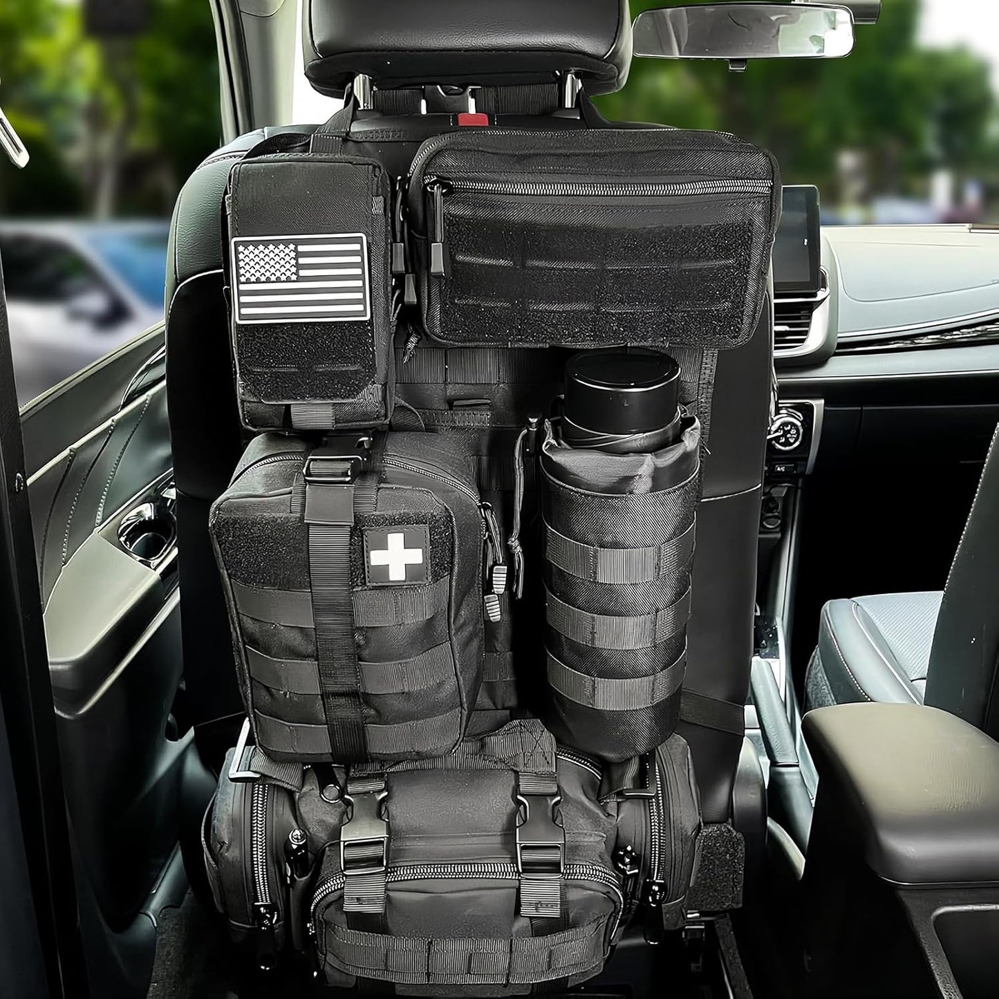 Seat Back Organizer,Universal Tactical Car Back Seat Organizer Bag Vehicle Organizers Panel Protector Organizers with 5 Detachable Pouches for Car Truck Jeep Vehicle (Black)