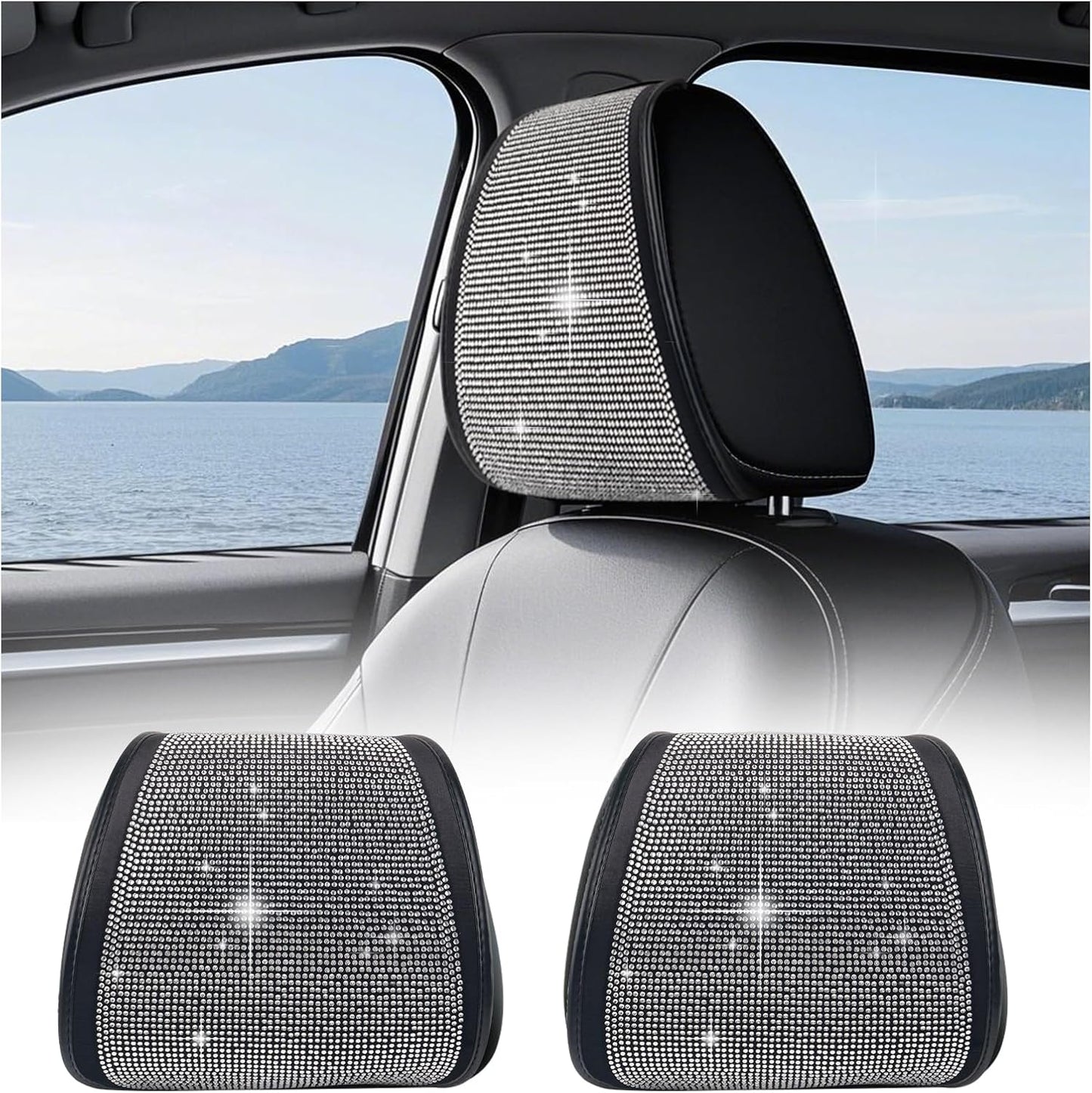2PCS Bling Car Headrest Covers with Rhinestone,Stylish Car Headrest Covers for Cars Decorations & Protection,Universal Head Rest Cover Cars Accessories for Most Vehicles