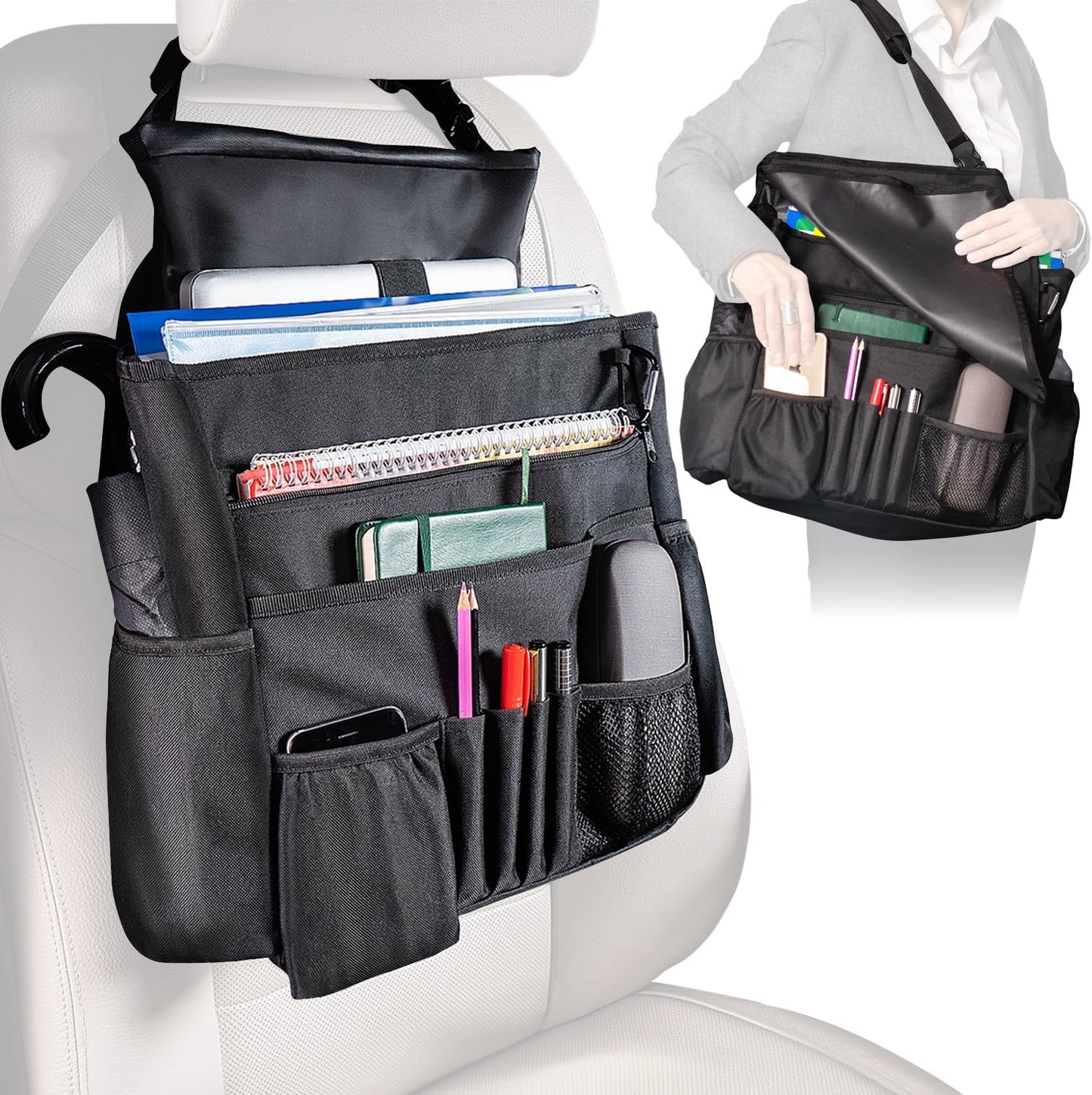 Front Seat Car Organizer with Cover and Laptop Storage - Back Seat or Passenger Car Organization with Adjustable Straps - Universal for Police, Driver, Office, Travel, Truck, Ideal for Law Enforcement