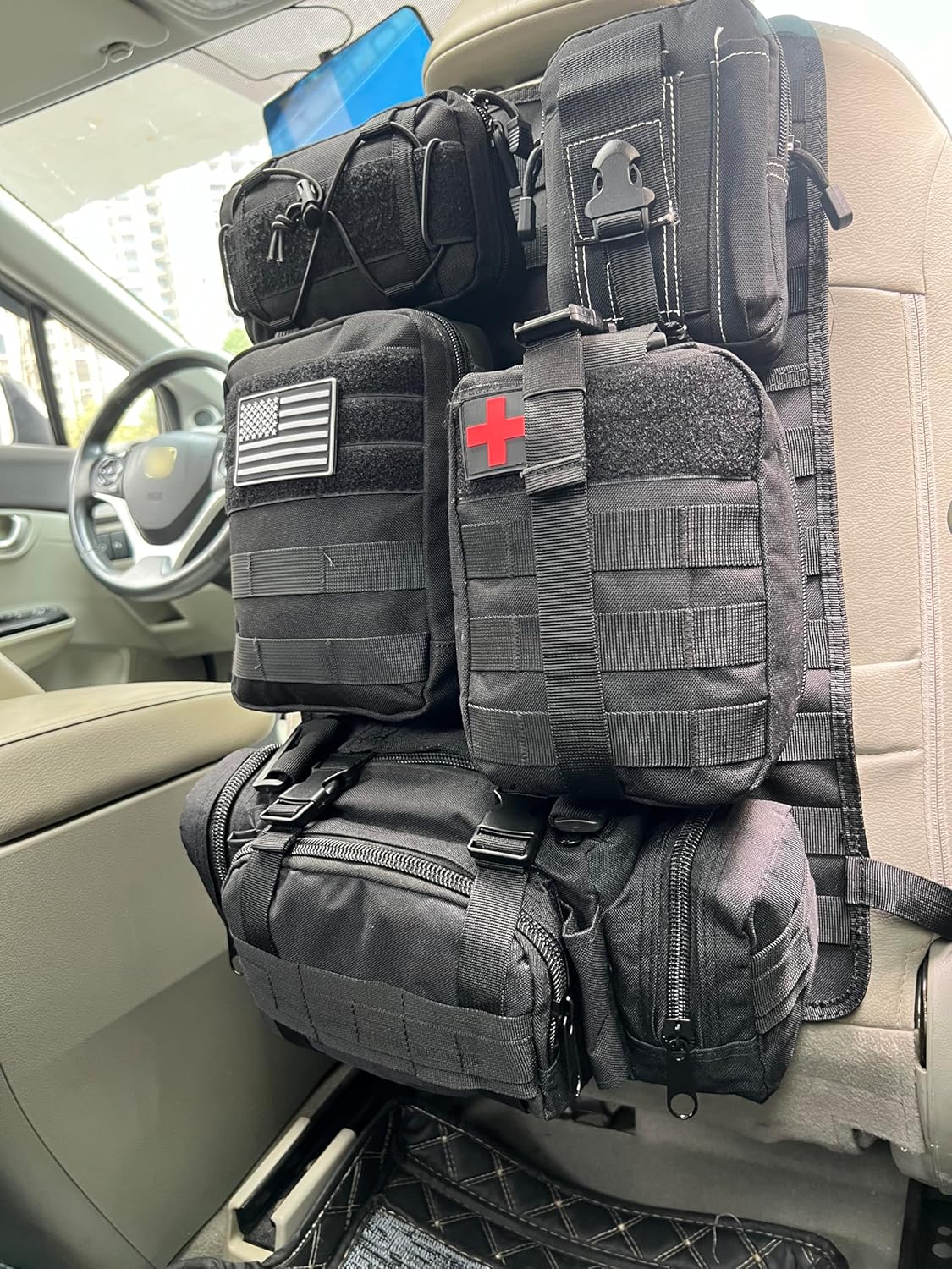 Tactical Vehicle Seat Back Organizer, Universal Tactical Seat Cover Panel with 5 Detachable Pouches - Medical, Phone, Admin Storage Bags Fit for Jeep Truck Car Camping Off Road (Black)