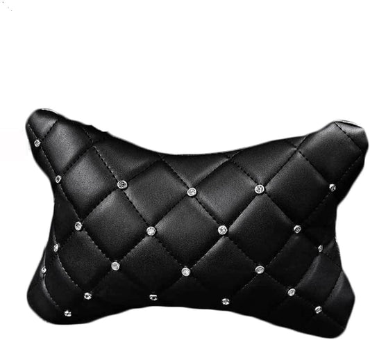 Rhombus Pattern 1pcs with White Rhinestones Decor Neck Cushion Pillow Support Black Crystal Leather Car Headrest