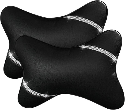 Car Neck Pillows Diamond Seat Auto Headrest Cushion Head Rest Neck 2 Pack Headrest Fit for Most Cars Universal Car Pillow Support Relax Crystal Rhinestone Pu Leather Bling Interior(Black)