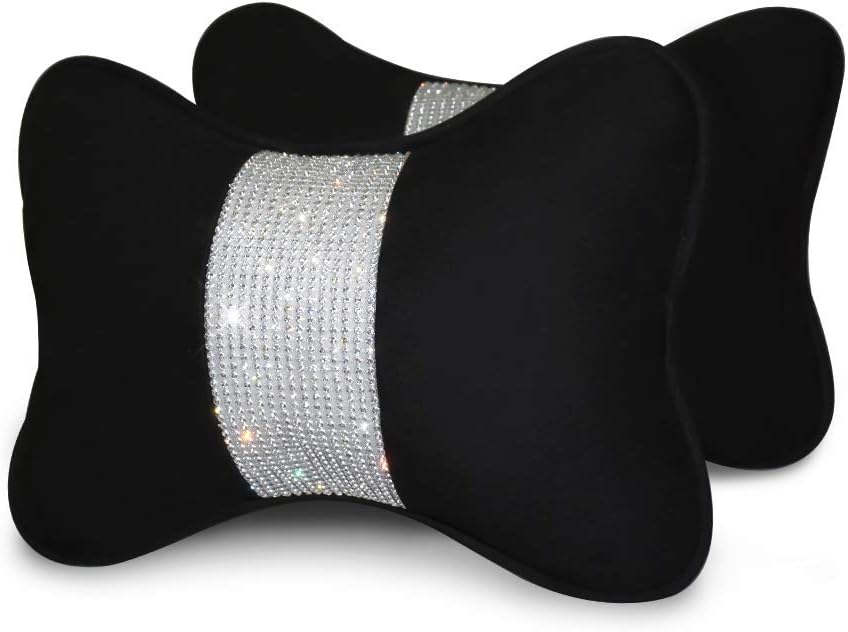 eing 2 - Pack Bling Car Seat Neck Rest Pillow Soft Plush Crystal Headrest Head Support Cushion Car Decor Accessories for Women,Universal Fit for Car Seat Headrest, Black