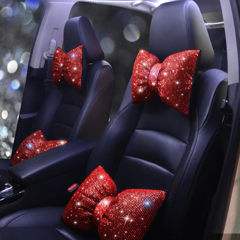Women's Neck Pillow for Car Seat Bling Headrest Red Bling Accessories Auto Headrest Cushion Rhinestone Head and Neck Rest Cushion Crystal Diamon Red 2Pcs