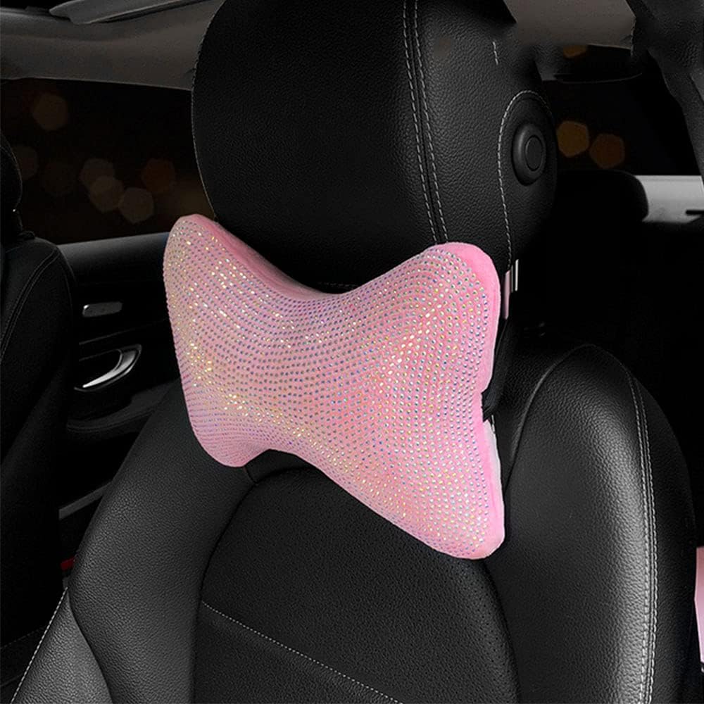Bling Plush Seat Cushion Pink Crystal Diamond Car Seat Cover Universal Auto Interior Accessories Women Front Seat Back Covers Crystals Universal (Headrest)