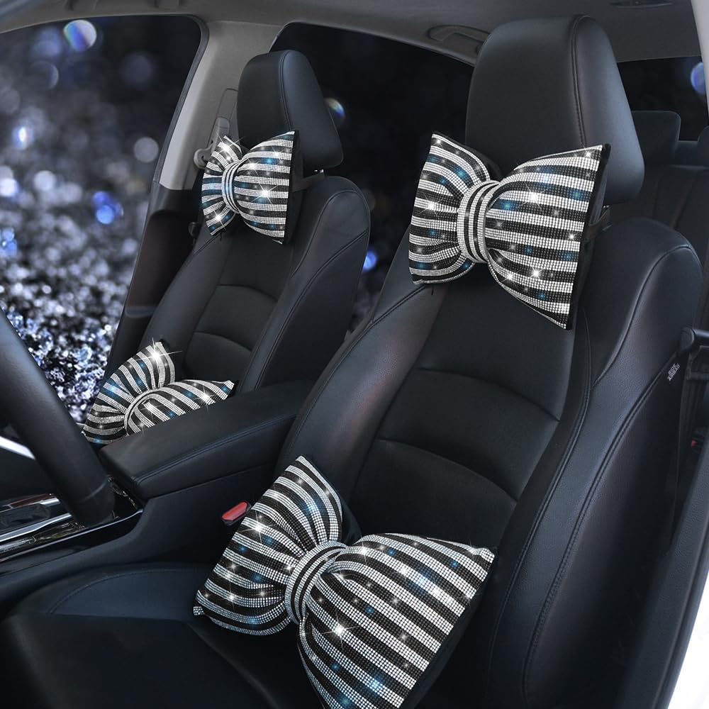 Car Seat Head-Rest Pillow Bow Automobile Neck Headrest Cushion Bling Bling Rhinestones Diamond for Automotive Accessories Girls and Women Neck Support Interior White-Black 2Pcs