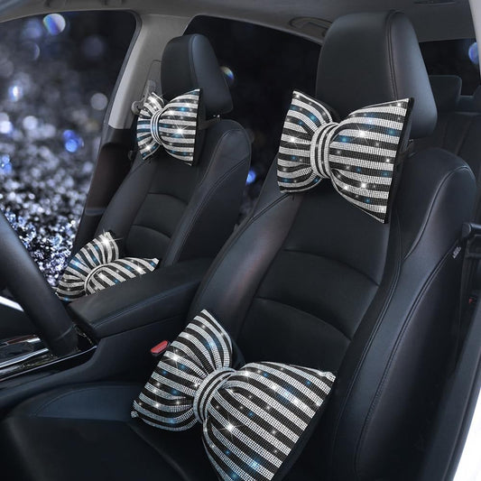 Car Seat Head-Rest Pillow Bow Automobile Neck Headrest Cushion Bling Bling Rhinestones Diamond for Automotive Accessories Girls and Women Neck Support Interior White-Black 2Pcs