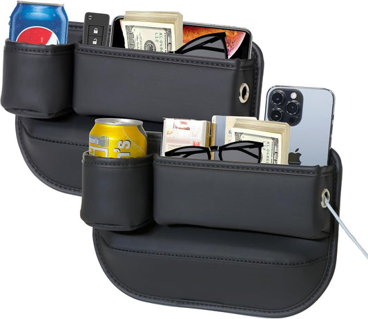 2 Packs Car Seat Gap Filler Organizer, Car Seat Organizer, Seat Gap Storage Box with Cup Holders for Drink, Car Leather Cup Holder Gap Bag Front Seat for Phone, Sunglasses,Keys(Left+Right Side)