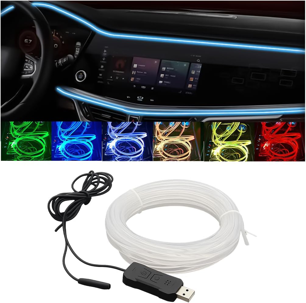 16FT EL Wire Interior Car LED Strip Lights, USB Neon Vehicle Ambient Lighting with Fiber Optic, Sound Music Active Automotive Inside Decorations Lamp Strip, Universal Fit