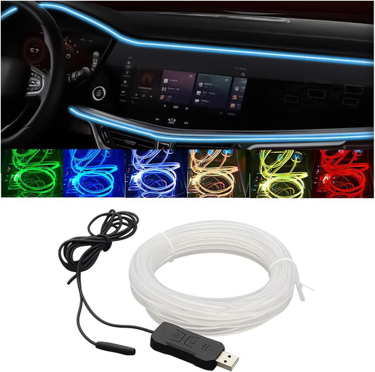 16FT EL Wire Interior Car LED Strip Lights, USB Neon Vehicle Ambient Lighting with Fiber Optic, Sound Music Active Automotive Inside Decorations Lamp Strip, Universal Fit
