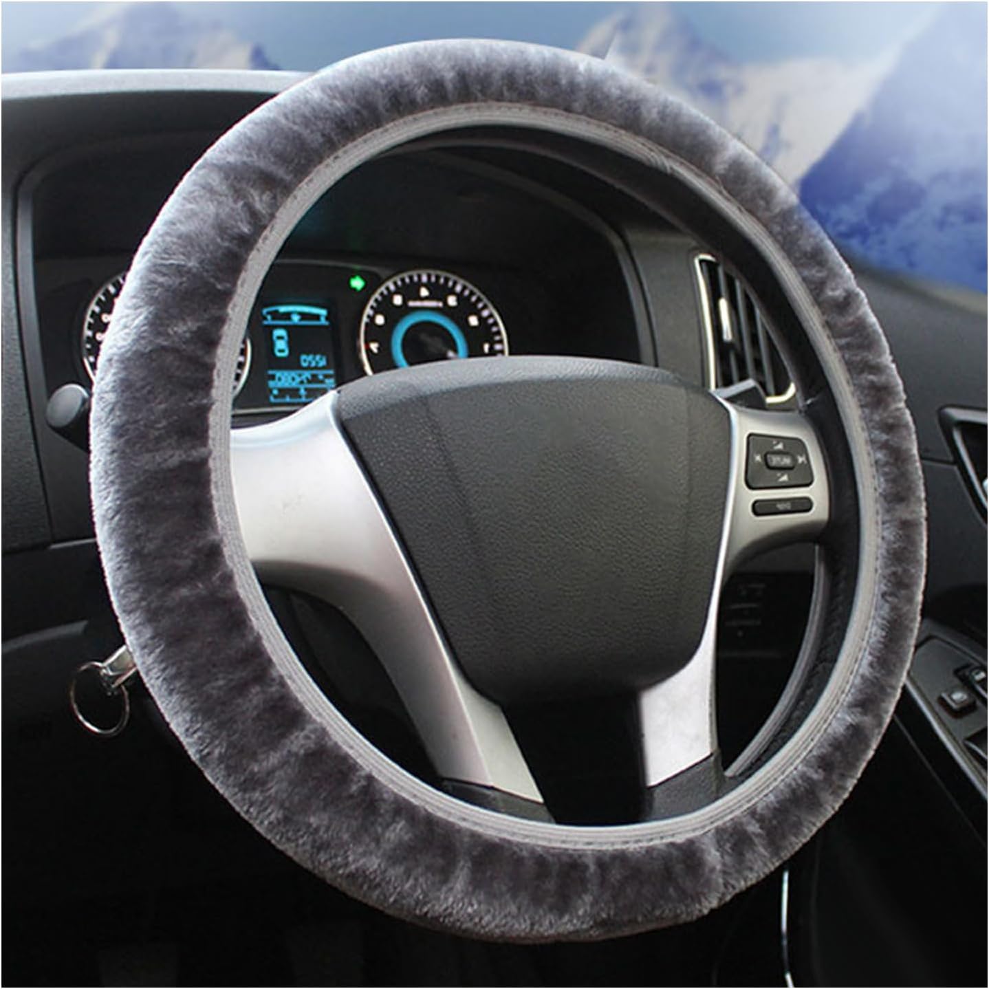 Elastic Fuzzy Steering Wheel Cover, 15'' Soft Steering Wheel Protector for Warm Winter, Anti-Slip Fluffy Car Wheel Covers, Universal Car Interior Decor Accessories for Women Men (Gray)