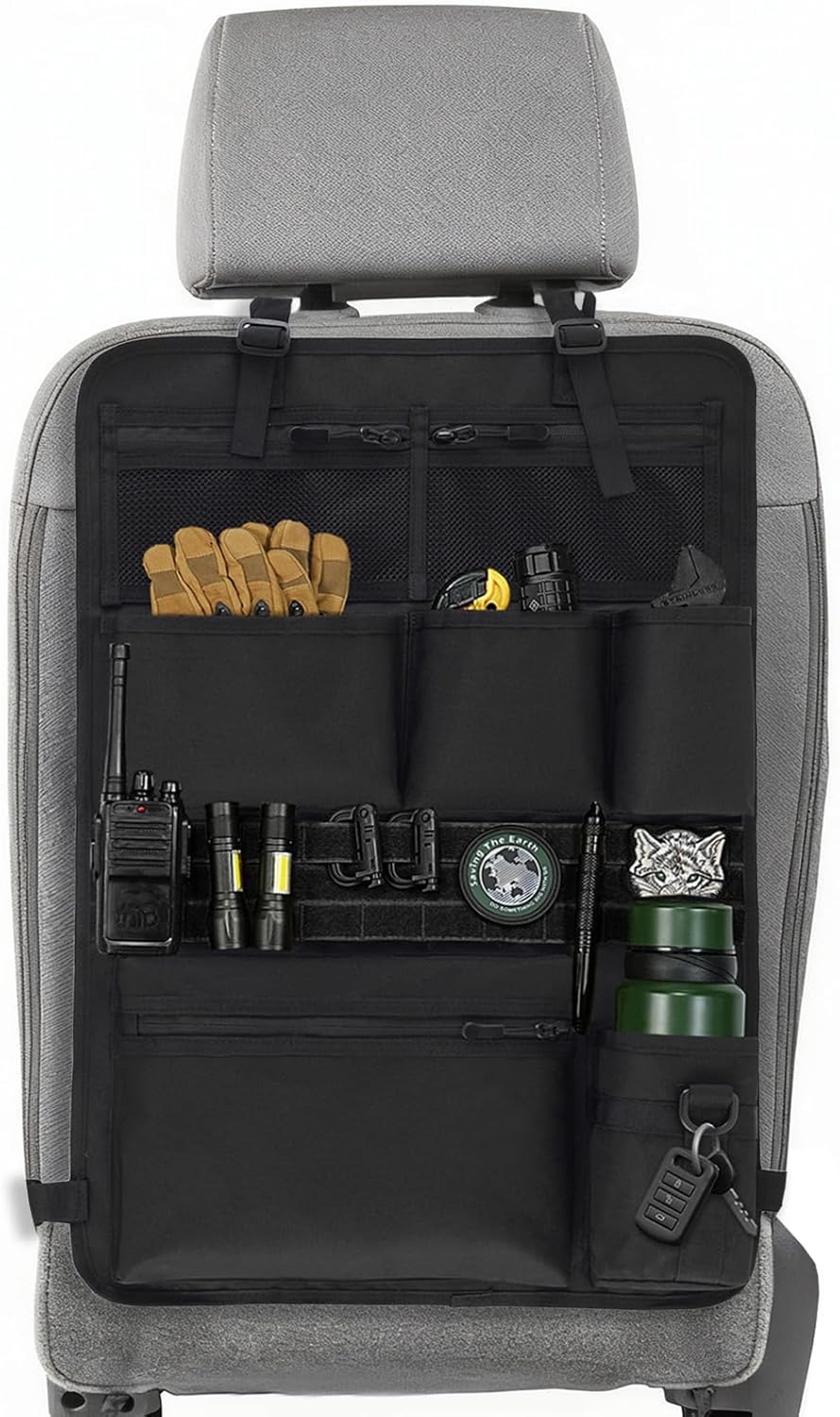 Tactical Car Seat Organizer with Multiple Pockets,  Panel System & Mesh Compartments, Durable Nylon Universal Vehicle Seat Back Storage with Cup Holder, Water-Resistant (Black)