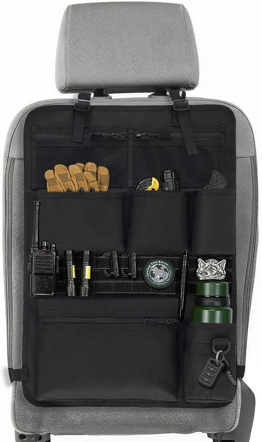 Tactical Car Seat Organizer with Multiple Pockets,  Panel System & Mesh Compartments, Durable Nylon Universal Vehicle Seat Back Storage with Cup Holder, Water-Resistant (Black)