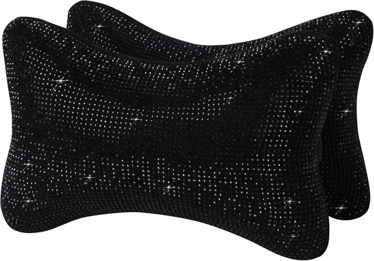2Pcs Neck Rest for Car Neck Pillow for Driver, Auto Seat Headrest Cushion Driving Relax Necksupport Black Diamonds Bling Car Accessories for Women Men High Grade