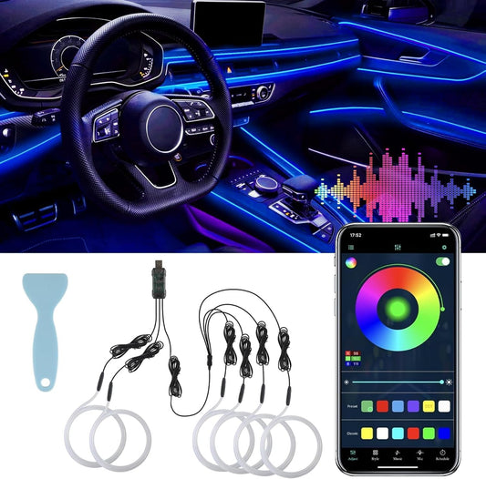 Smart LED Car Lights Interior with USB Port, LED Strip Fiber Optic Ambient Lighting Car, Wireless App Control, Sync to Music, Car Decorations Interior Accessories Gifts for Women Men, 6 in 1