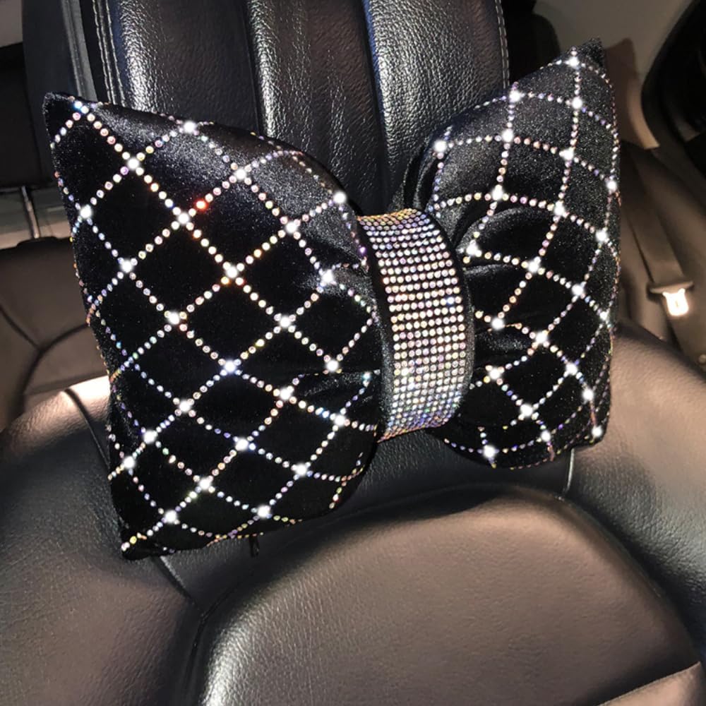 Car Neck Pillow for Driving Seat, Softness Headrest Support Cushions Sparkly Rhinestone Bling Car Accessories for Women Diamonds Elegant Pearls Head Rest Black 2 Pack