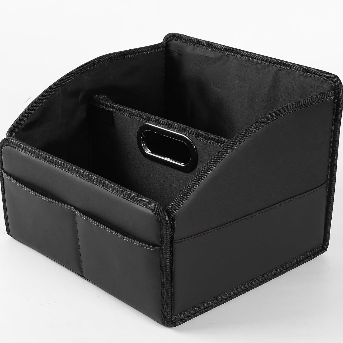 Car Storage Organizer [2025 UPDATED] Leather Car Caddy Basket for Front Seat Floor Back Seats Metal Handle 6 Compartments Adjustable Strap Buckles Slip-Resistant (Black)