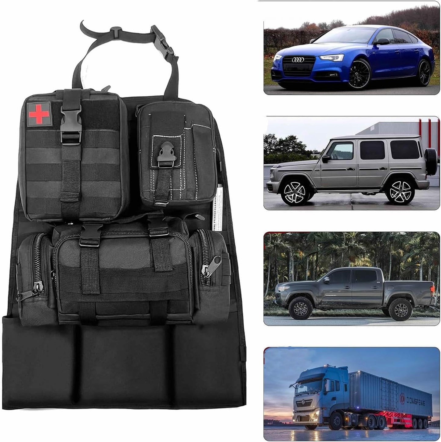 Universal Tactical Car Seat Back Organizer, Upgrade Tactical Vehicle Panel Organizer With 3 Detachable  Pouch,Fits For Most Of Vehicle Black