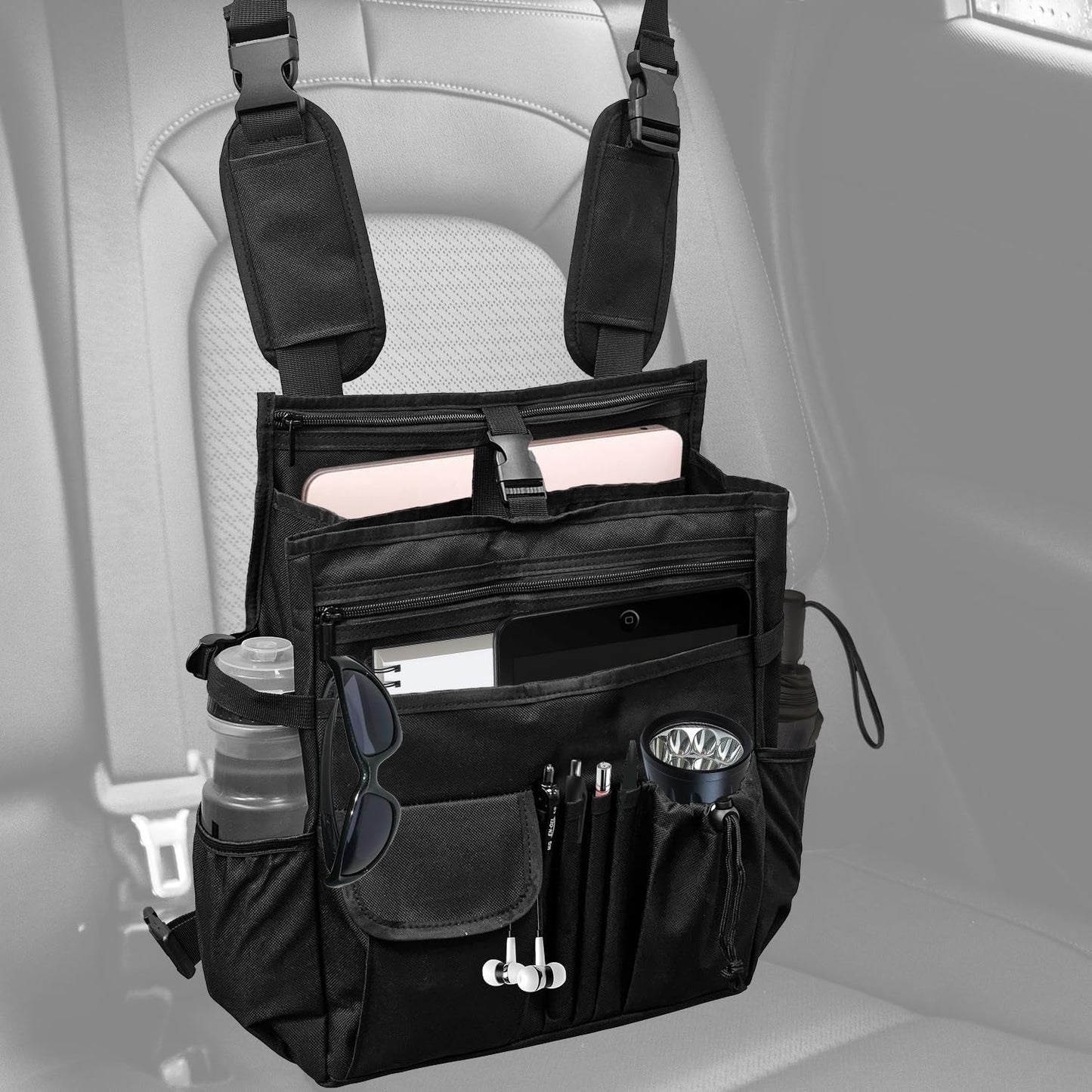 Car Front Seat Organizer Seat Back Organizer, Protable Seat Storage Bag with Cover and Laptop Storage for Police Driver Office Travel Truck