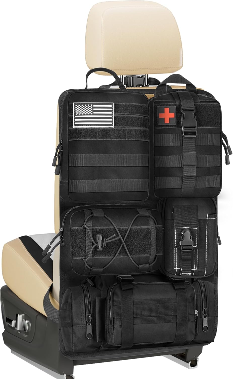 Tactical Backseat Car Organizer with 5 Detachable  Pouches, 1000D Oxford Hanging Storage Panel for Car Truck SUV, Modular EDC Gear Holder with Hook-and-Loop Patches