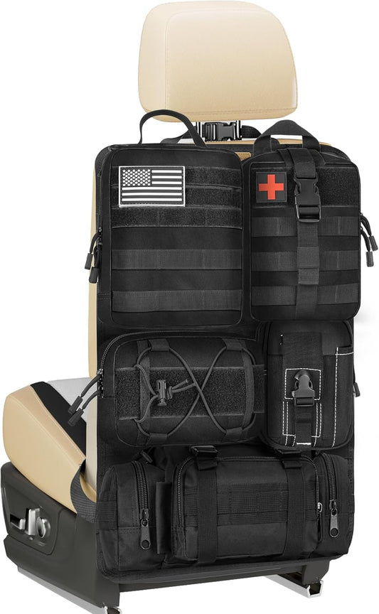Tactical Backseat Car Organizer with 5 Detachable  Pouches, 1000D Oxford Hanging Storage Panel for Car Truck SUV, Modular EDC Gear Holder with Hook-and-Loop Patches