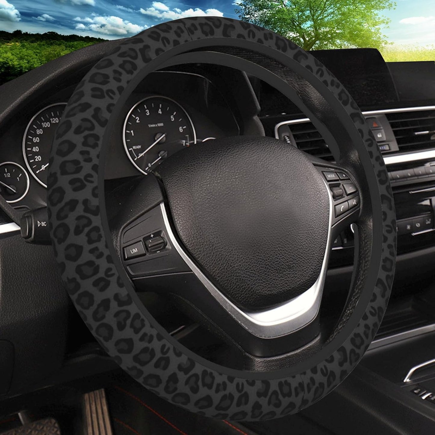 Black Leopard Print Cheetah Elastic Steering Wheel Cover, Non-Slip Breathable Neoprene Steering Wheel Covers, Women Leopard Car Accessories, Universal 15 Inch Fit Auto, s, Truck