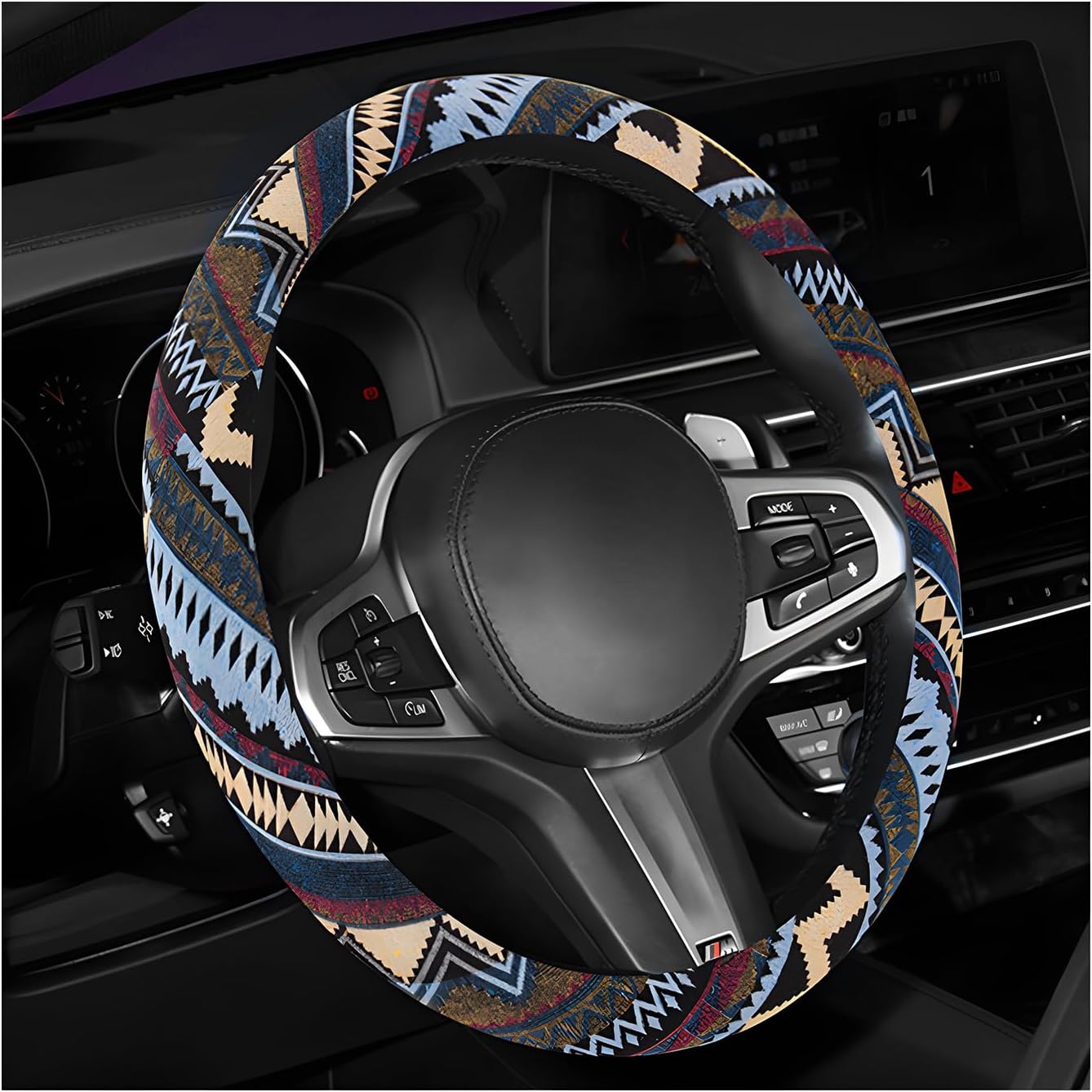 Boho Steering Wheel Cover, 15 Inch Coarse Flax Cloth Ethnic Style Anti-Slip Car Wheel Wrap, Universal Breathable Bohemian Steering Wheel Protector for Cars s Trucks (H)