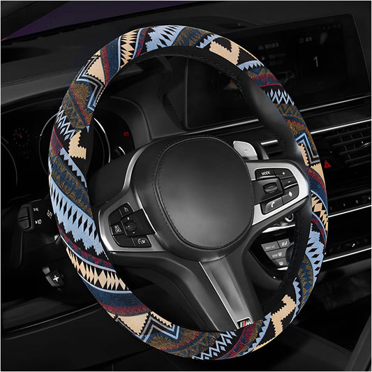 Boho Steering Wheel Cover, 15 Inch Coarse Flax Cloth Ethnic Style Anti-Slip Car Wheel Wrap, Universal Breathable Bohemian Steering Wheel Protector for Cars s Trucks (H)