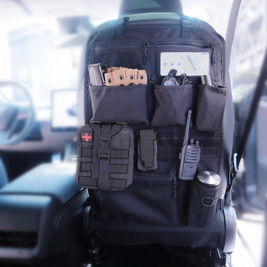 7-Compartment Tactical Car Seat Back Organizer, /Velcro Compatible, Waterproof, Ripstop 600D Polyester Fabric, Quick Adjust Buckle Straps for Universal Fit on Most Cars/Trucks/Jeeps