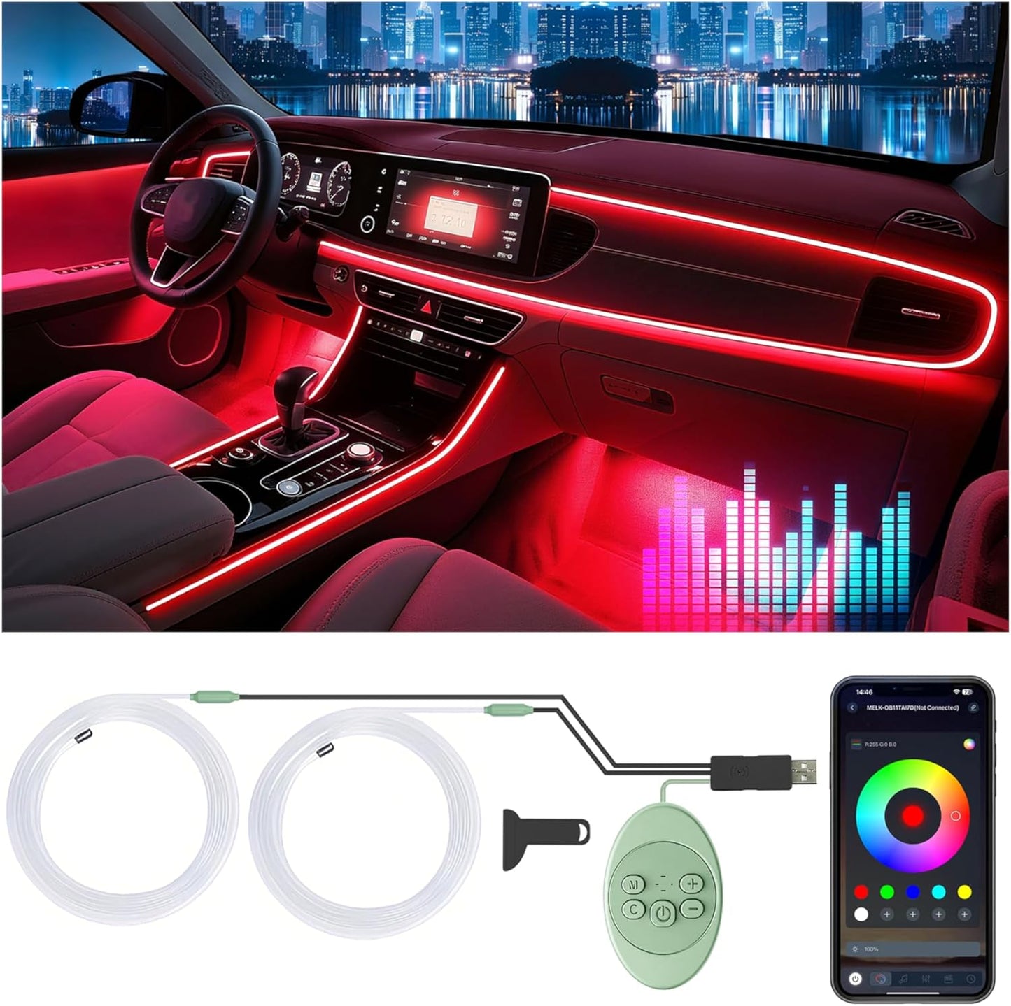 Car Led Strip Lights, Interior Car Lights, App Control Ambient Lighting Kit With RGB 16 Million Colors Fiber Optics&Music Sync Rhythm, USB Neon Light Accessories for Center Console&Dashboard, Upgraded