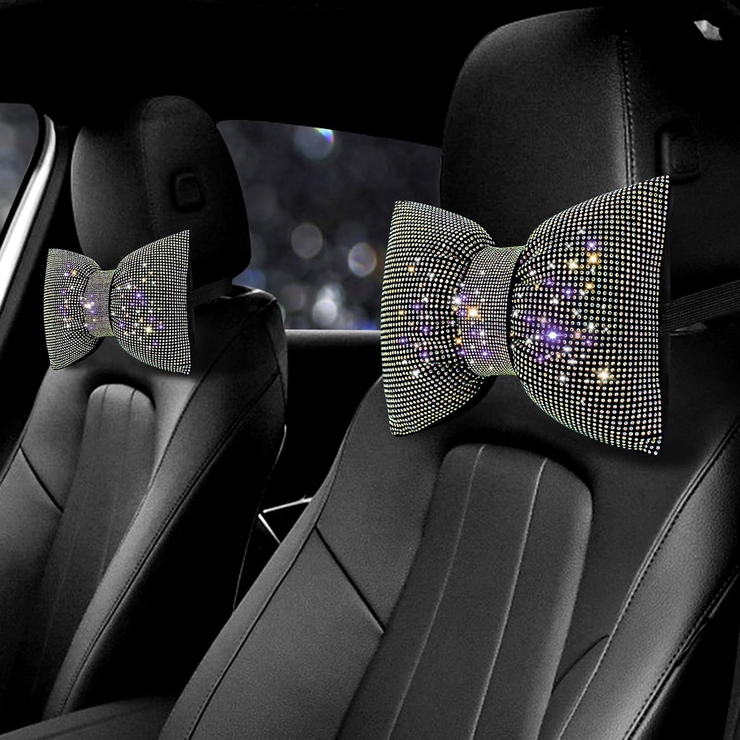 2PCS Rhinestone Car Headrest Neck Pillow for Driving with Bling Bling Crystal Bow Pillow Car Accessories for Women (Color)