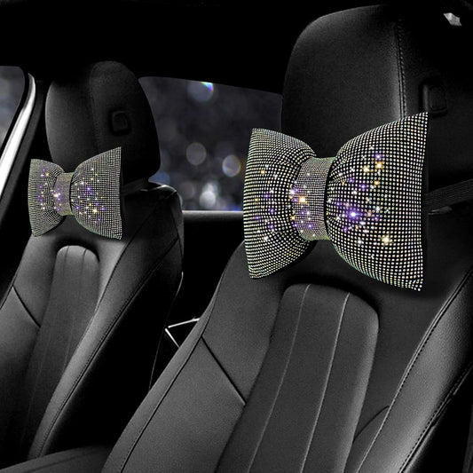 2PCS Rhinestone Car Headrest Neck Pillow for Driving with Bling Bling Crystal Bow Pillow Car Accessories for Women (Color)