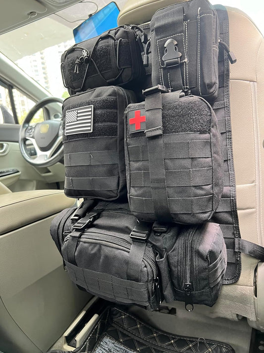 Tactical Vehicle Seat Back Organizer, Universal Tactical Seat Cover  Panel with 5 Detachable Pouches - Medical, Phone, Admin Storage Bags Fit for Jeep Truck Car Camping Off Road (Black)