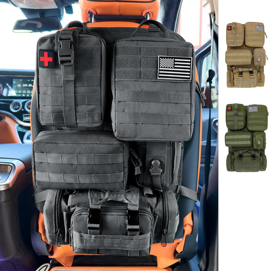 6 Pack Tactical  Car Seat Back Organizer - Universal Vehicle Storage Bag with 5 Detachable  Pouches, US Flag Patch & Keychain, Fits Jeep, Truck, SUV, Car, Ford, Chevy, Toyota, Honda (Black)